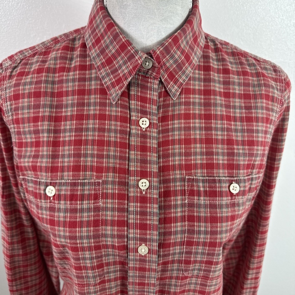 Lauren Ralph Lauren Women's M Fitted Button Up Shirt Red Tan Plaid Lightweight E - Picture 5 of 10